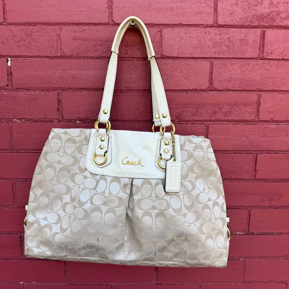 Coach Ashley Signature Satchel Bag F15510 Cream Beige Monogram Tote Sateen
